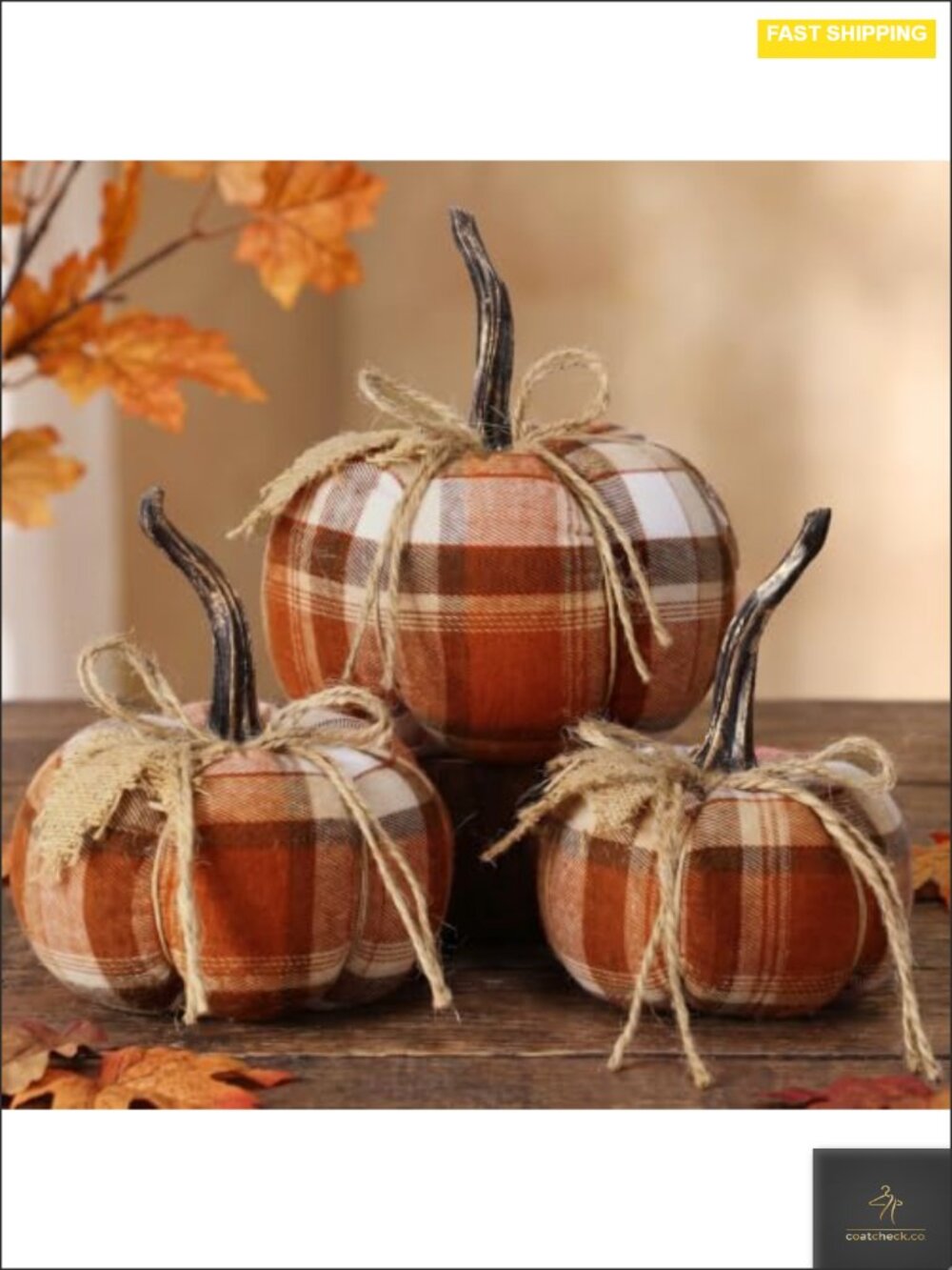 Set of 3 Rustic Plaid Pumpkins Autumn Home Decor Cotton